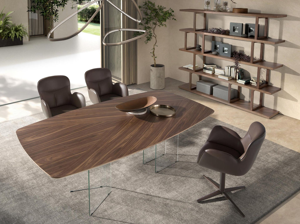 Walnut and tempered glass oval barrel dining table