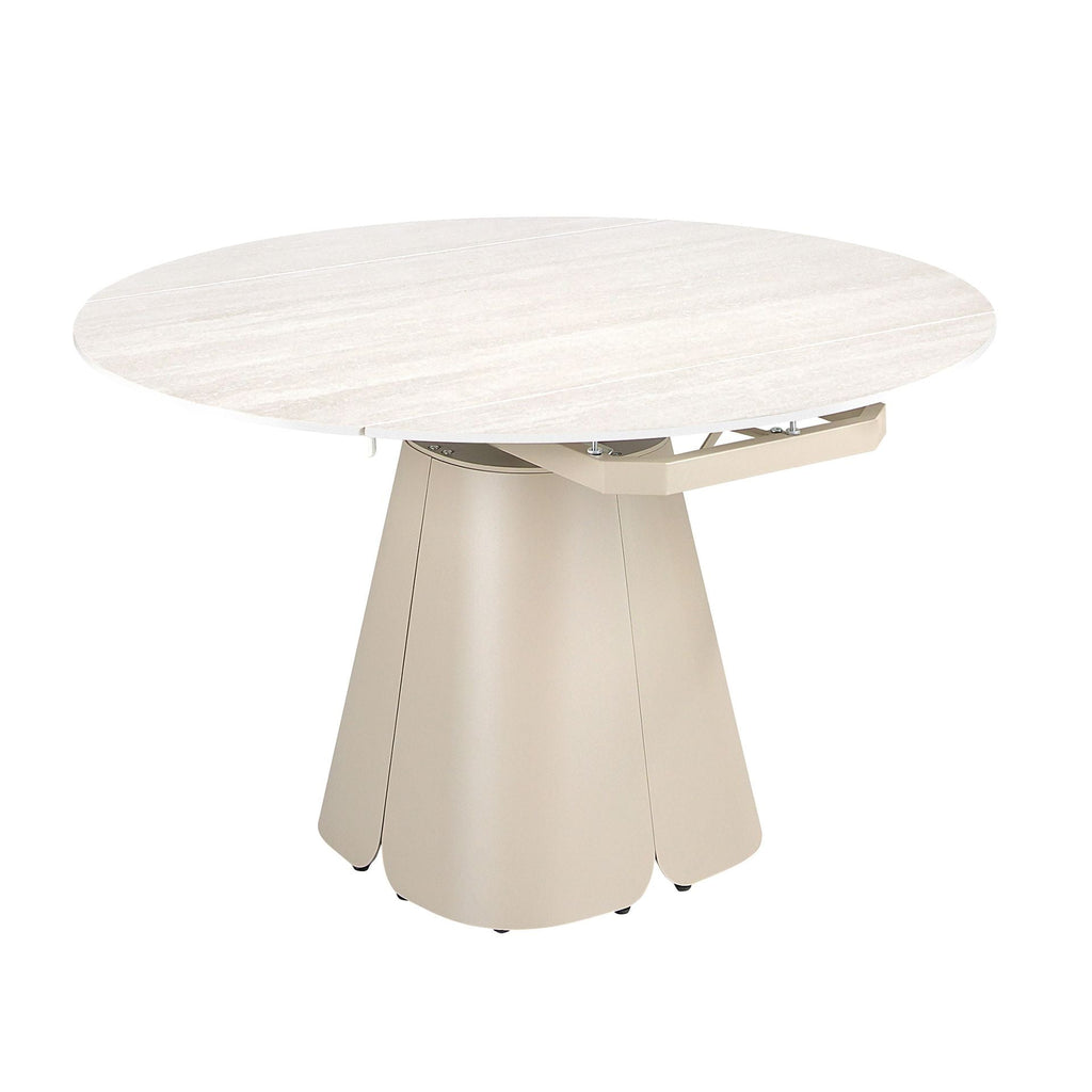 Round extendable dining table in porcelain stoneware and sand-colored steel