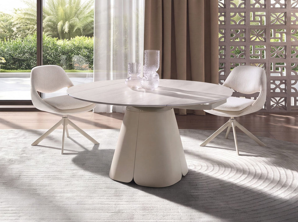 Round extendable dining table in porcelain stoneware and sand-colored steel