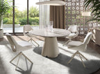 Round extendable dining table in porcelain stoneware and sand-colored steel