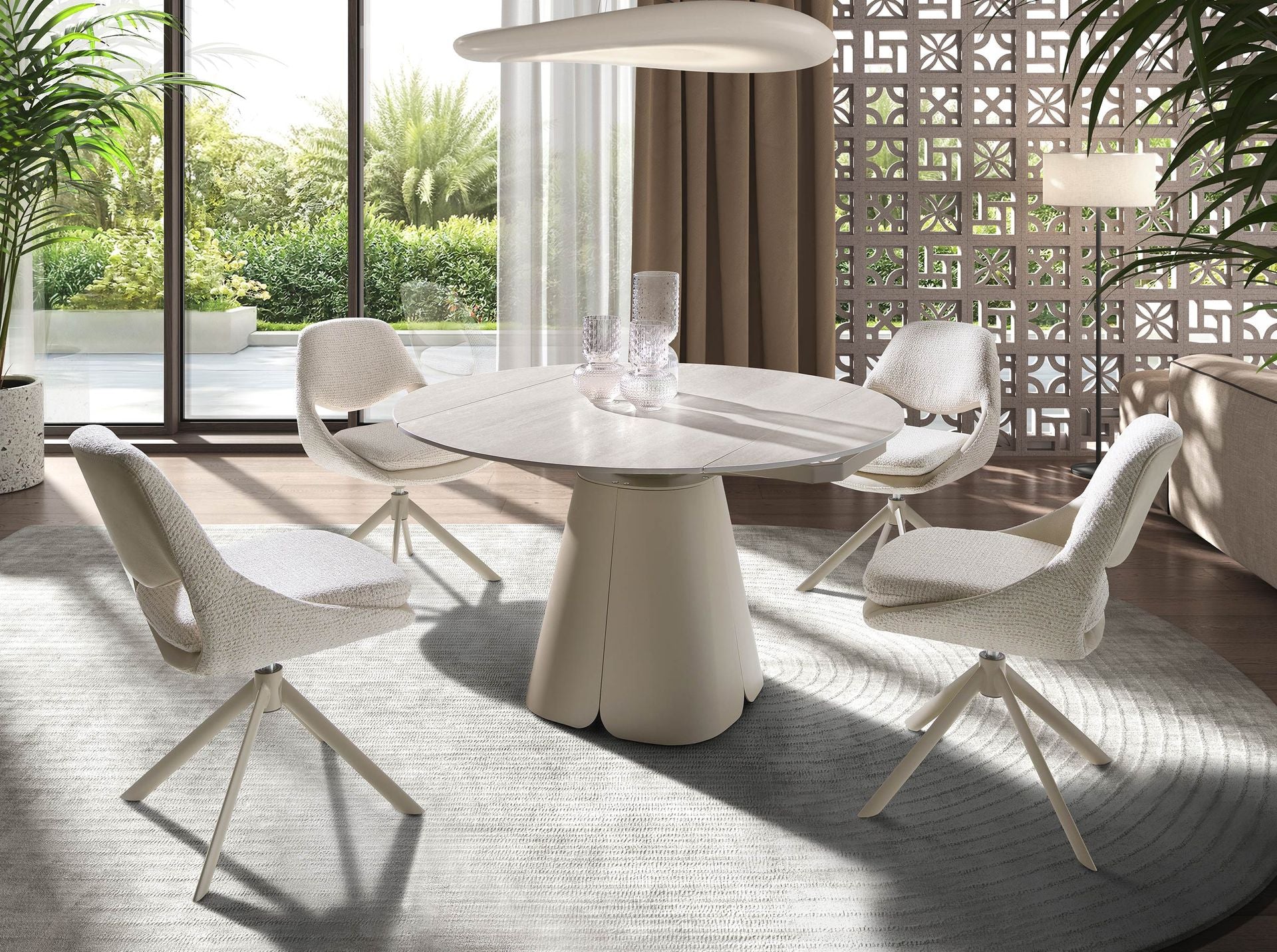 Round extendable dining table in porcelain stoneware and sand-colored steel