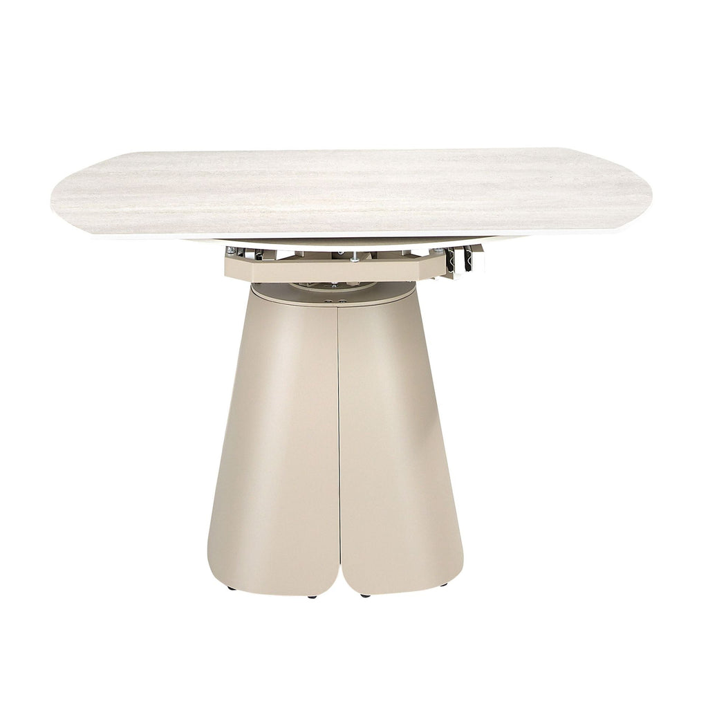 Round extendable dining table in porcelain stoneware and sand-colored steel