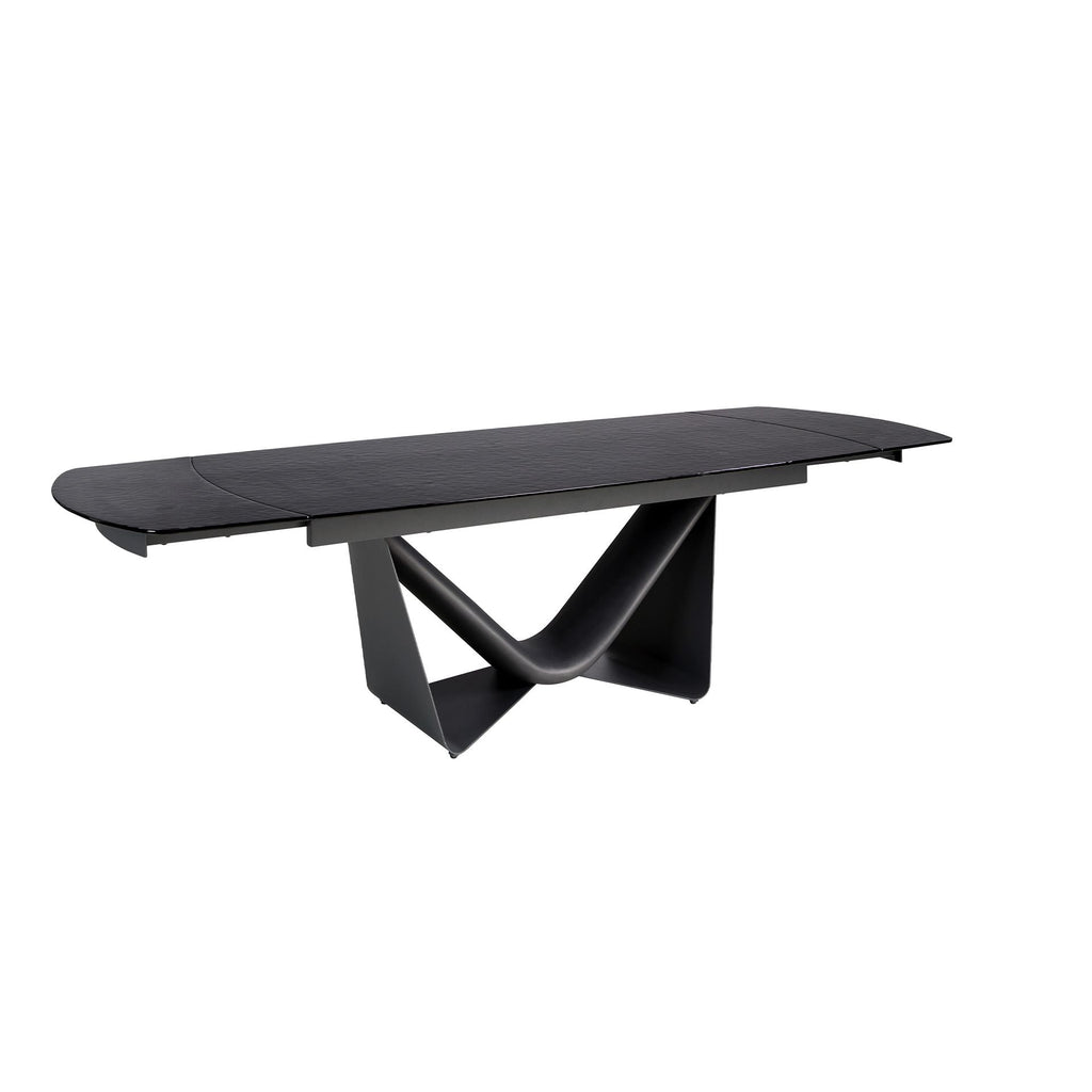 Black glass, steel, dark grey fiberglass and metal oval barrel extendable dining table