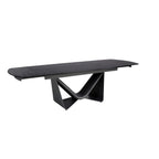 Black glass, steel, dark grey fiberglass and metal oval barrel extendable dining table