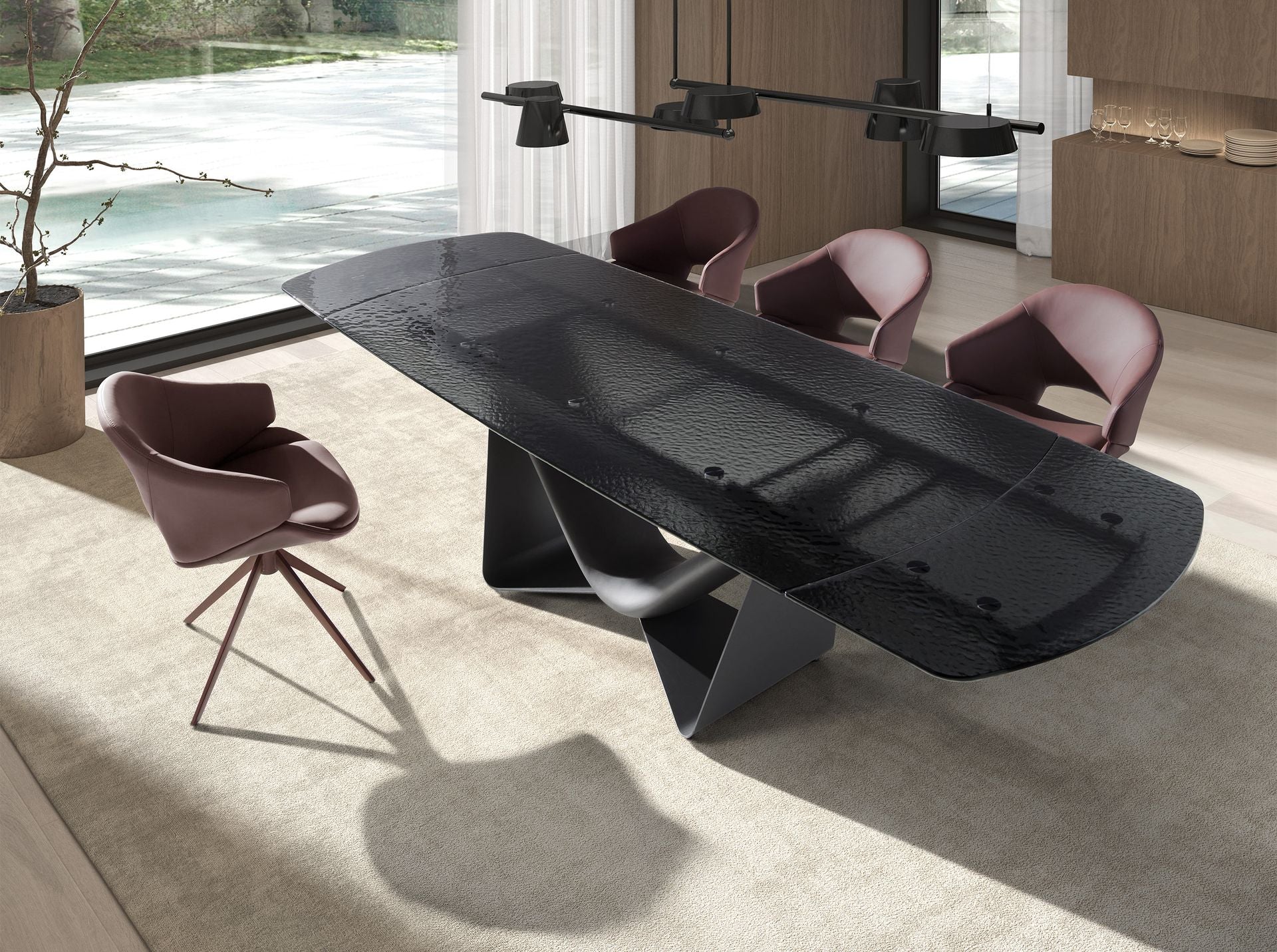 Black glass, steel, dark grey fiberglass and metal oval barrel extendable dining table
