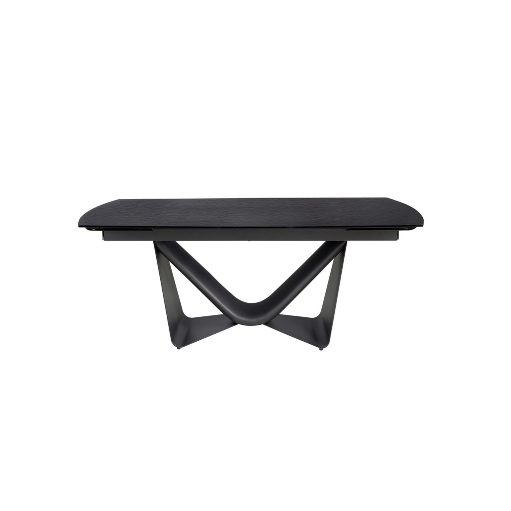 Black glass, steel, dark grey fiberglass and metal oval barrel extendable dining table