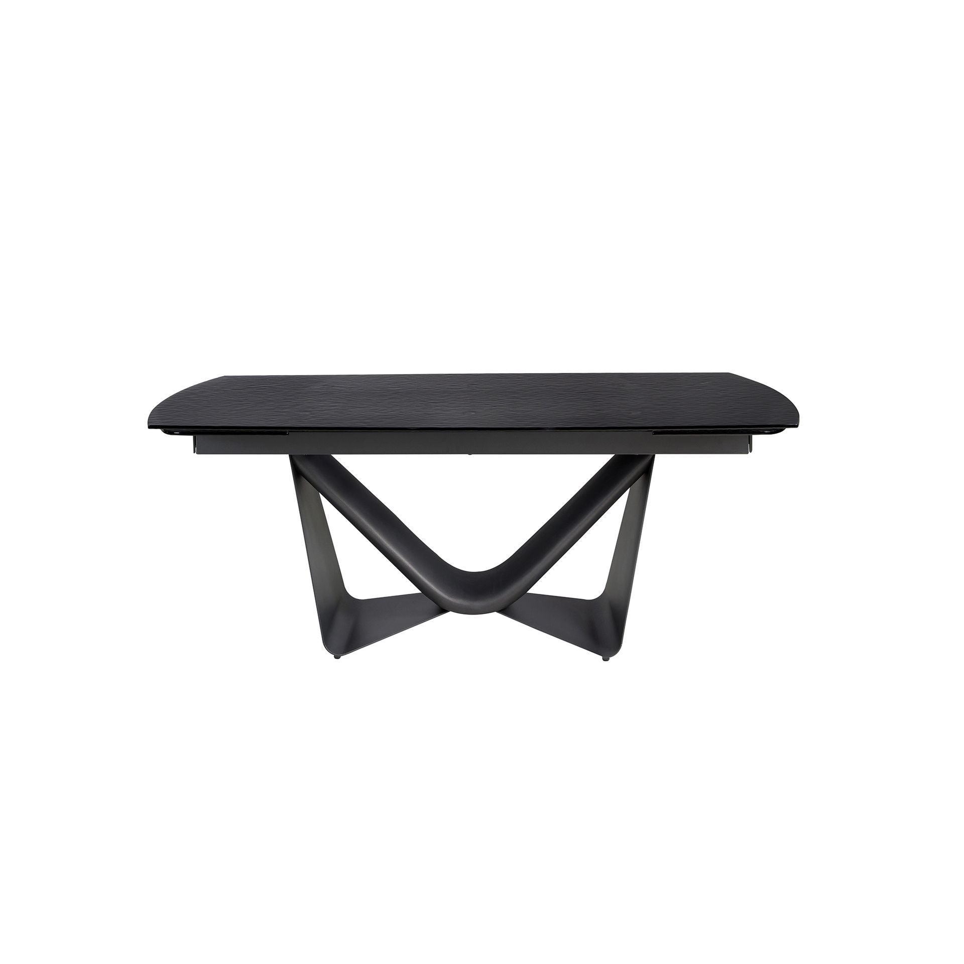 Black glass, steel, dark grey fiberglass and metal oval barrel extendable dining table