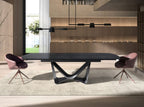 Black glass, steel, dark grey fiberglass and metal oval barrel extendable dining table