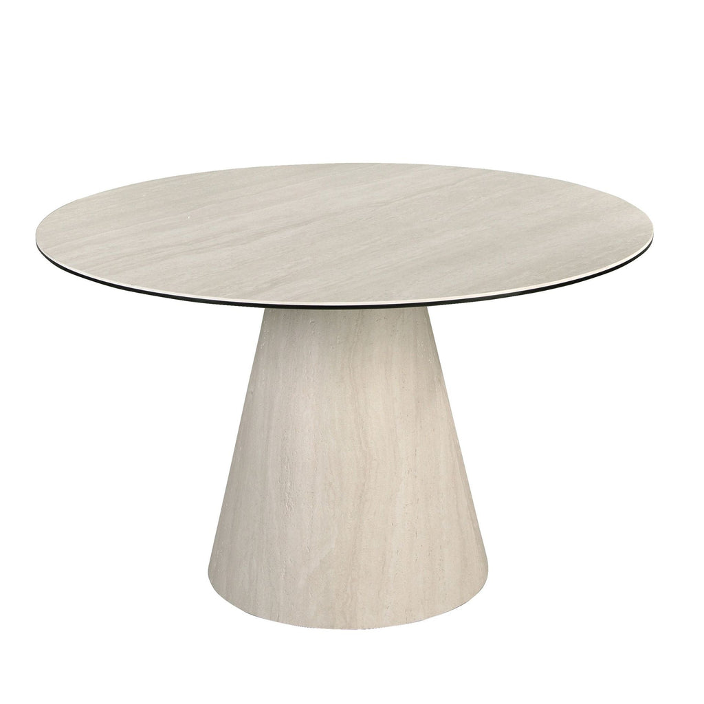 Round dining table in porcelain stoneware and wood clad with a flexible porcelain stoneware laminate