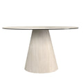 Round dining table in porcelain stoneware and wood clad with a flexible porcelain stoneware laminate