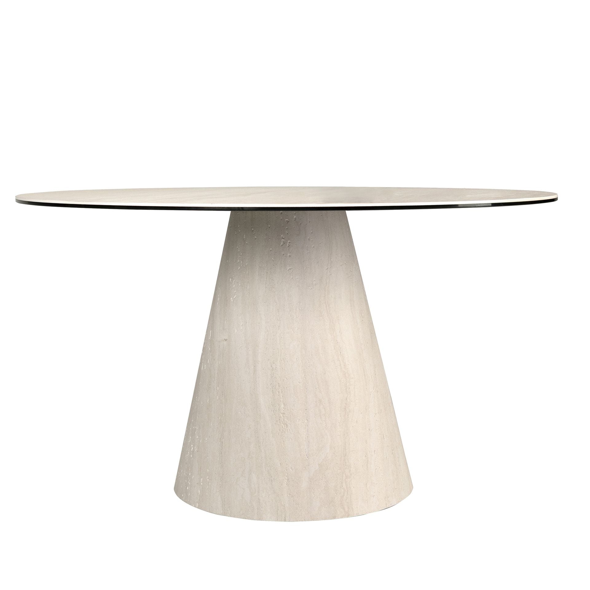 Round dining table in porcelain stoneware and wood clad with a flexible porcelain stoneware laminate
