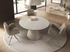Round dining table in porcelain stoneware and wood clad with a flexible porcelain stoneware laminate