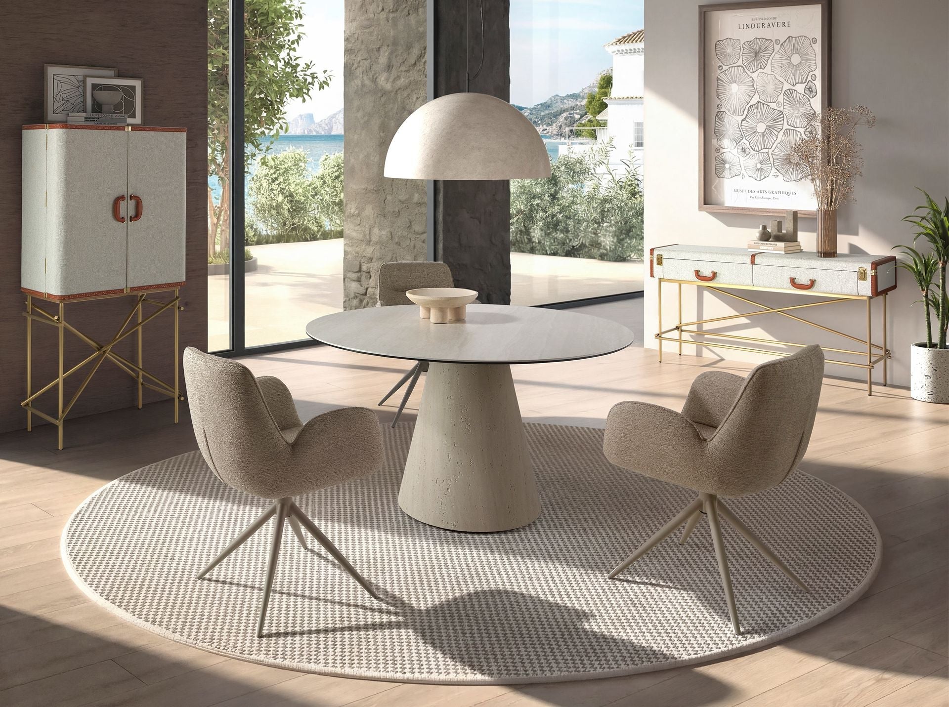 Round dining table in porcelain stoneware and wood clad with a flexible porcelain stoneware laminate