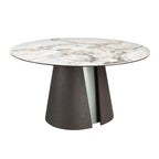 Round dining table in porcelain marble, dark ash oak, and silver-colored wood