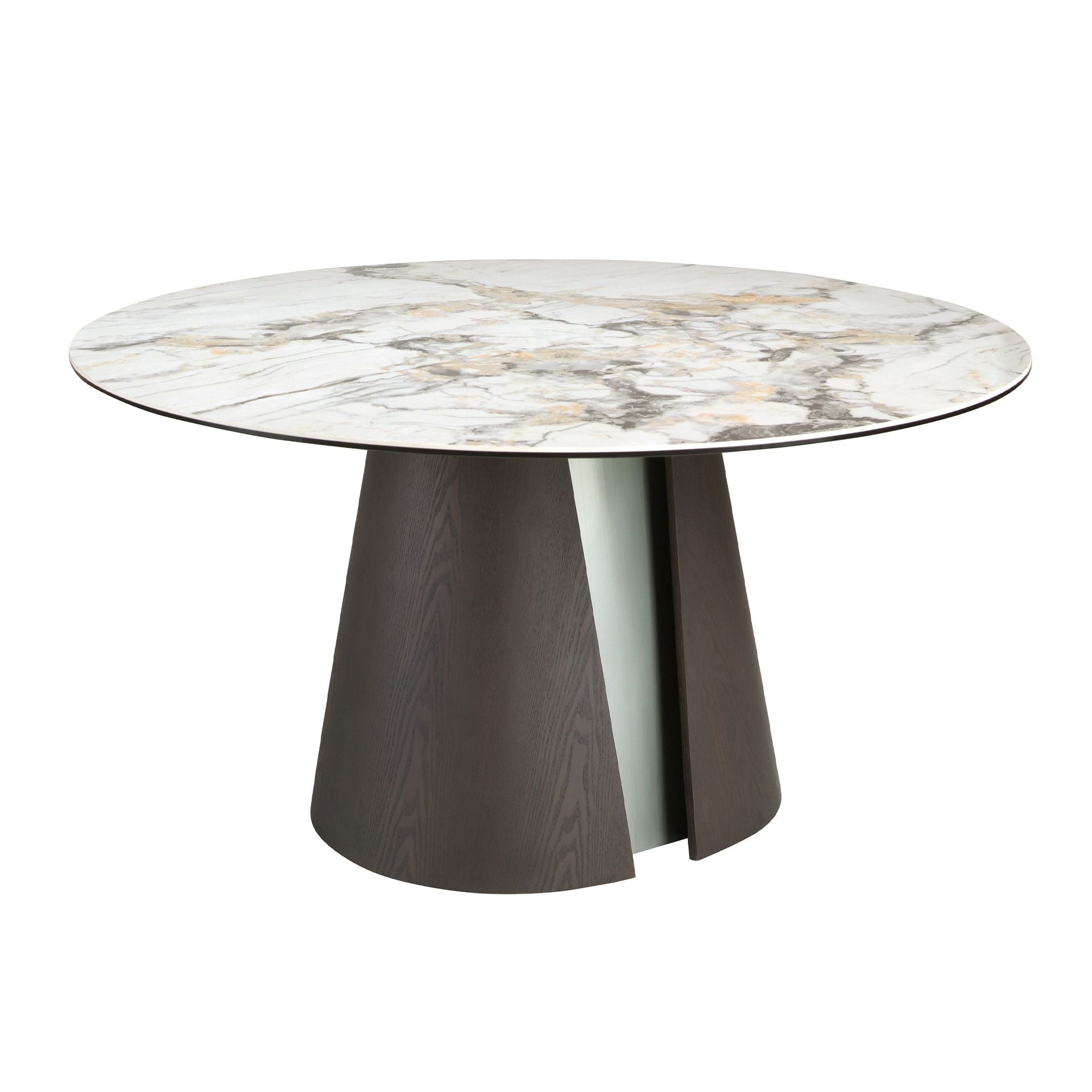 Round dining table in porcelain marble, dark ash oak, and silver-colored wood