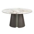 Round dining table in porcelain marble, dark ash oak, and silver-colored wood