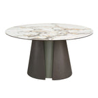 Round dining table in porcelain marble, dark ash oak, and silver-colored wood