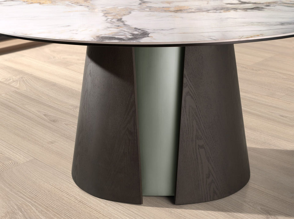 Round dining table in porcelain marble, dark ash oak, and silver-colored wood