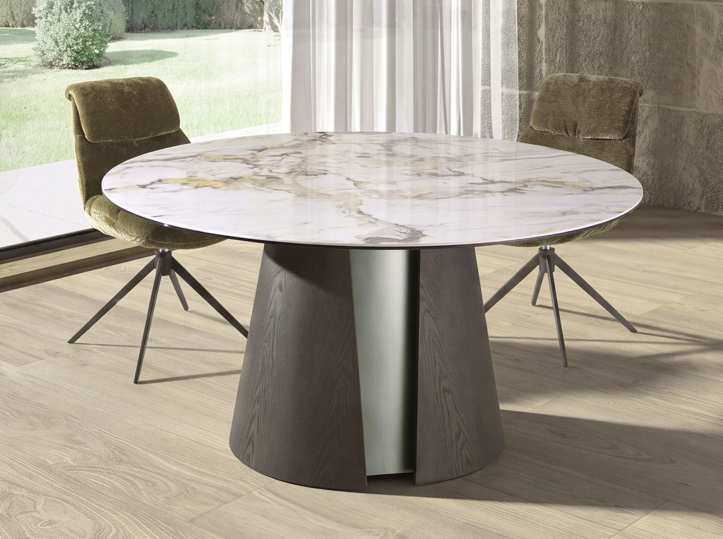 Round dining table in porcelain marble, dark ash oak, and silver-colored wood