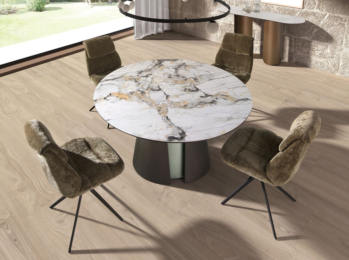 Round dining table in porcelain marble, dark ash oak, and silver-colored wood