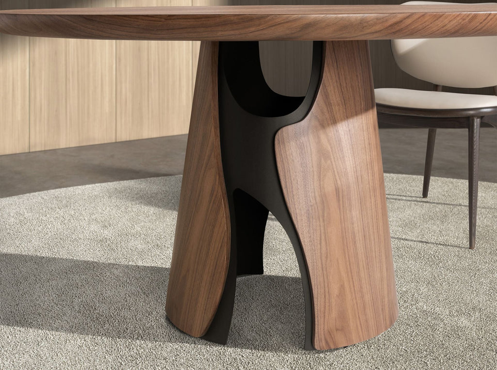Round dining table in walnut and black epoxy steel