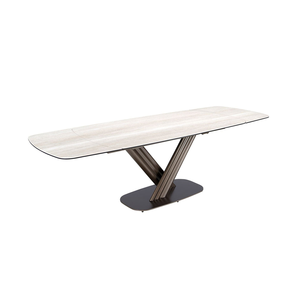 Dining table, extendable, oval barrel-shaped, in porcelain stoneware and metallic dark brown steel