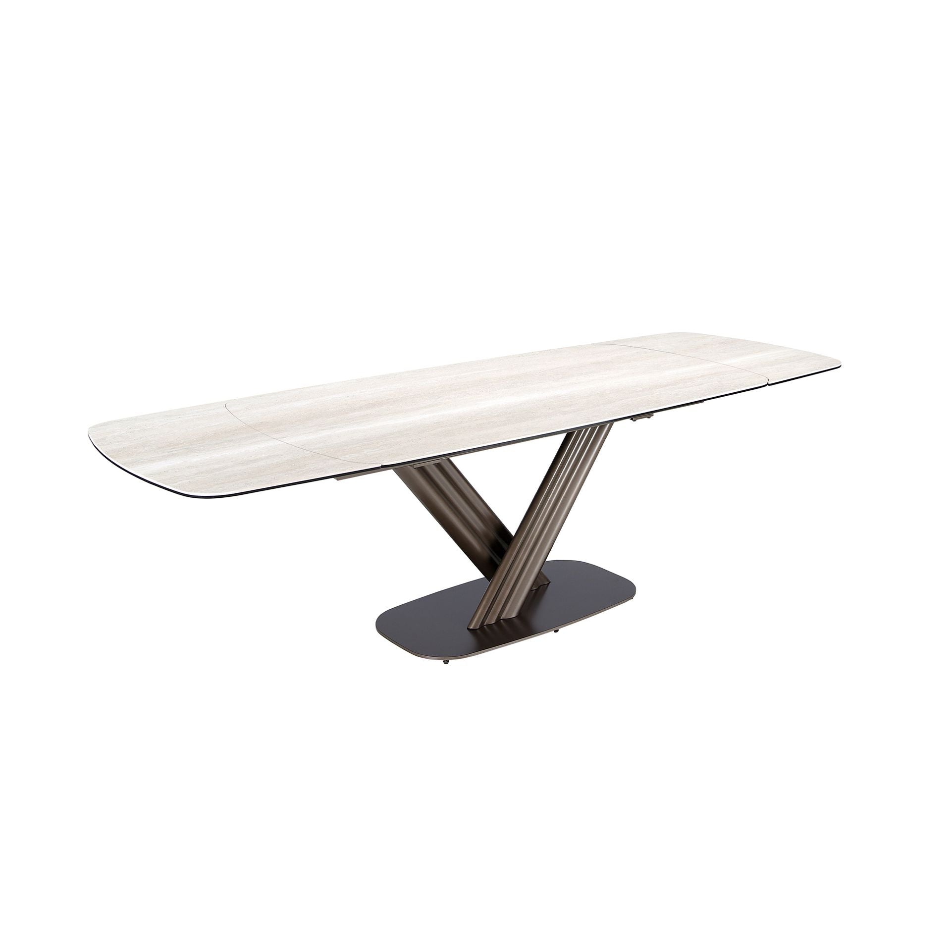 Dining table, extendable, oval barrel-shaped, in porcelain stoneware and metallic dark brown steel