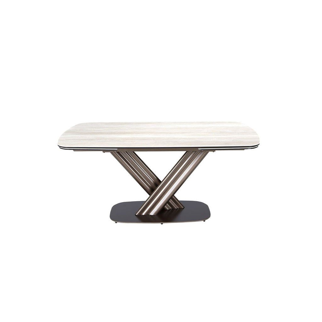 Dining table, extendable, oval barrel-shaped, in porcelain stoneware and metallic dark brown steel