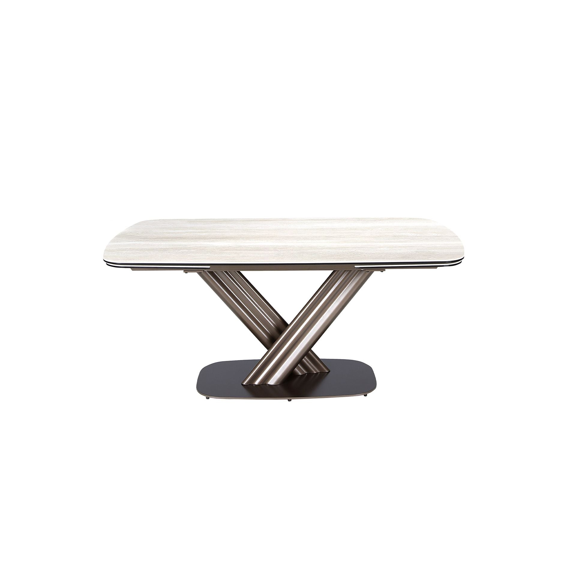 Dining table, extendable, oval barrel-shaped, in porcelain stoneware and metallic dark brown steel