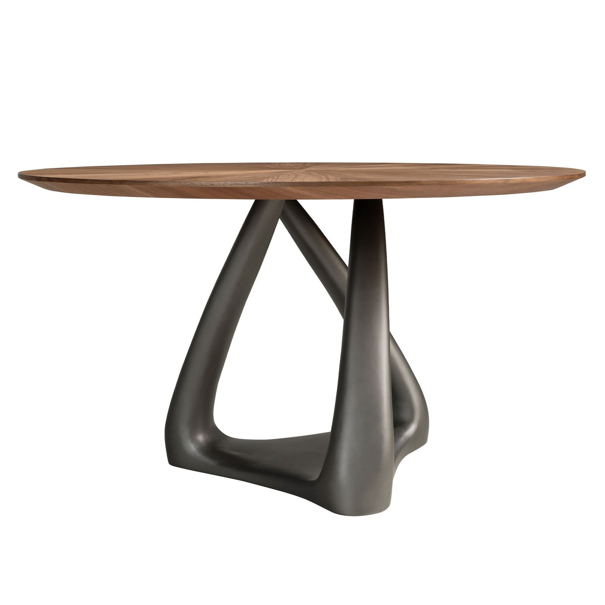Round dining table in walnut, dark gray fiberglass and metal