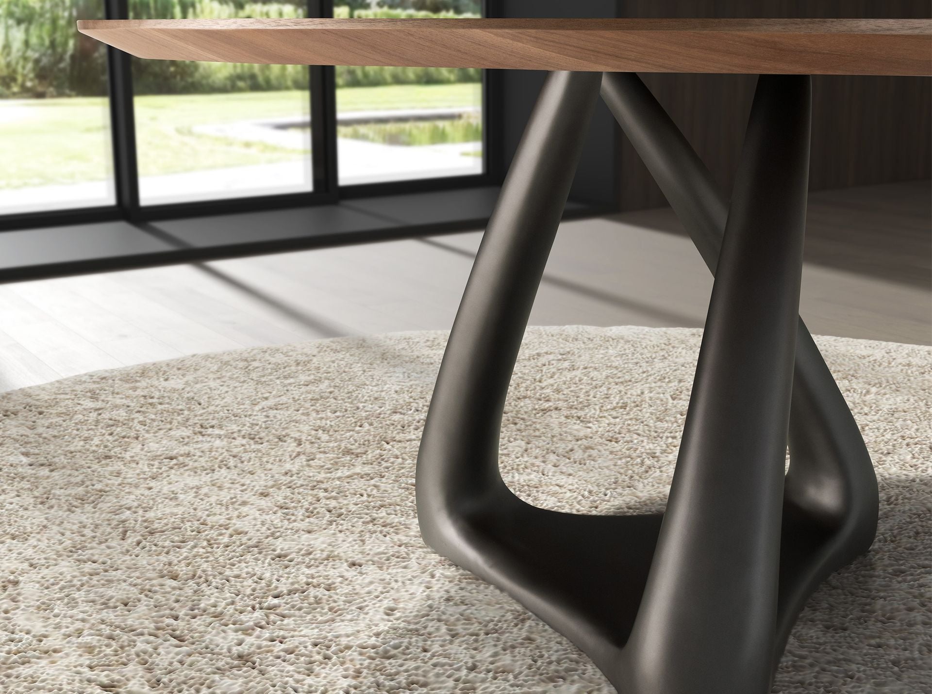 Round dining table in walnut, dark gray fiberglass and metal