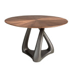 Round dining table in walnut, dark gray fiberglass and metal
