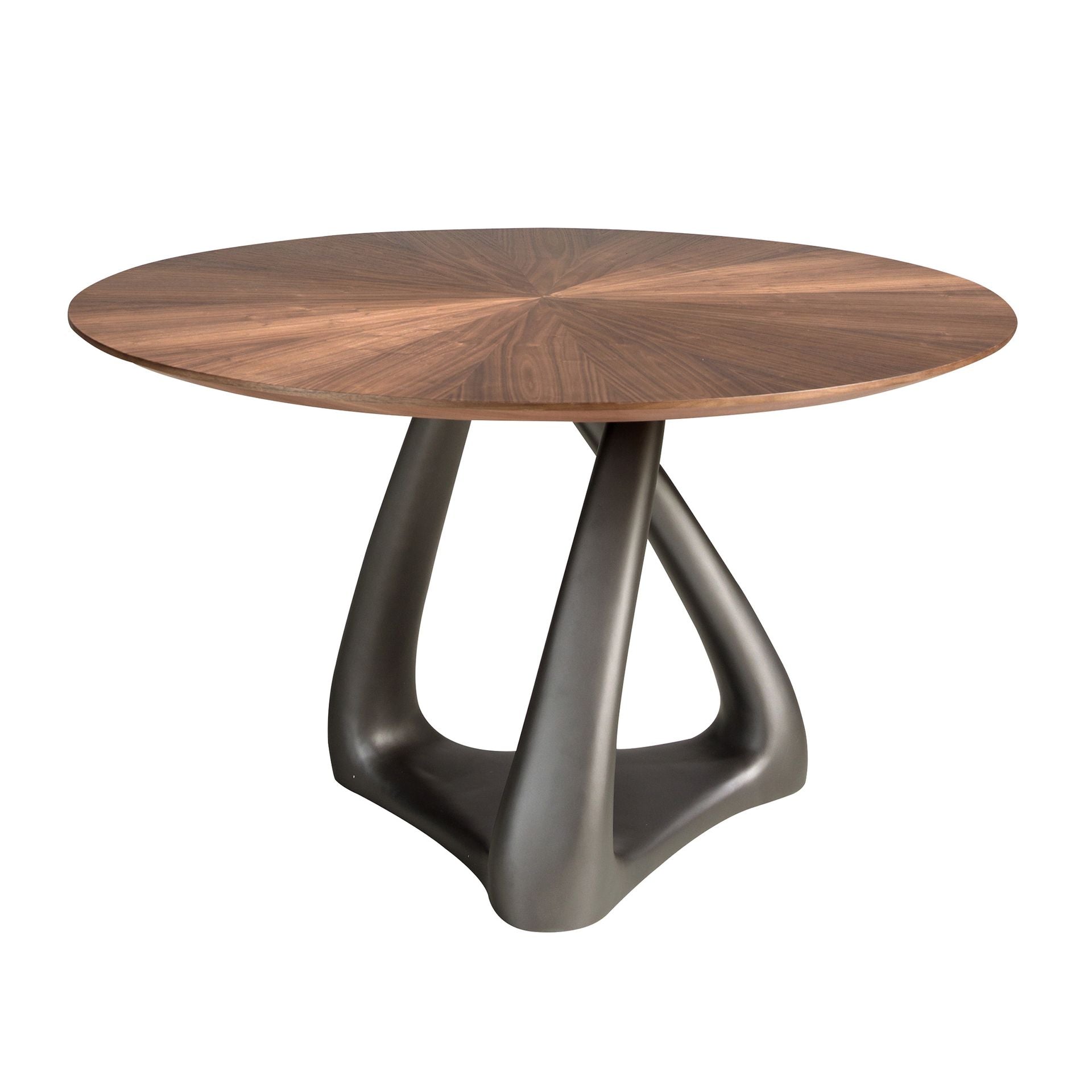 Round dining table in walnut, dark gray fiberglass and metal