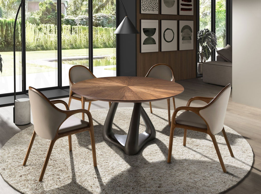 Round dining table in walnut, dark gray fiberglass and metal