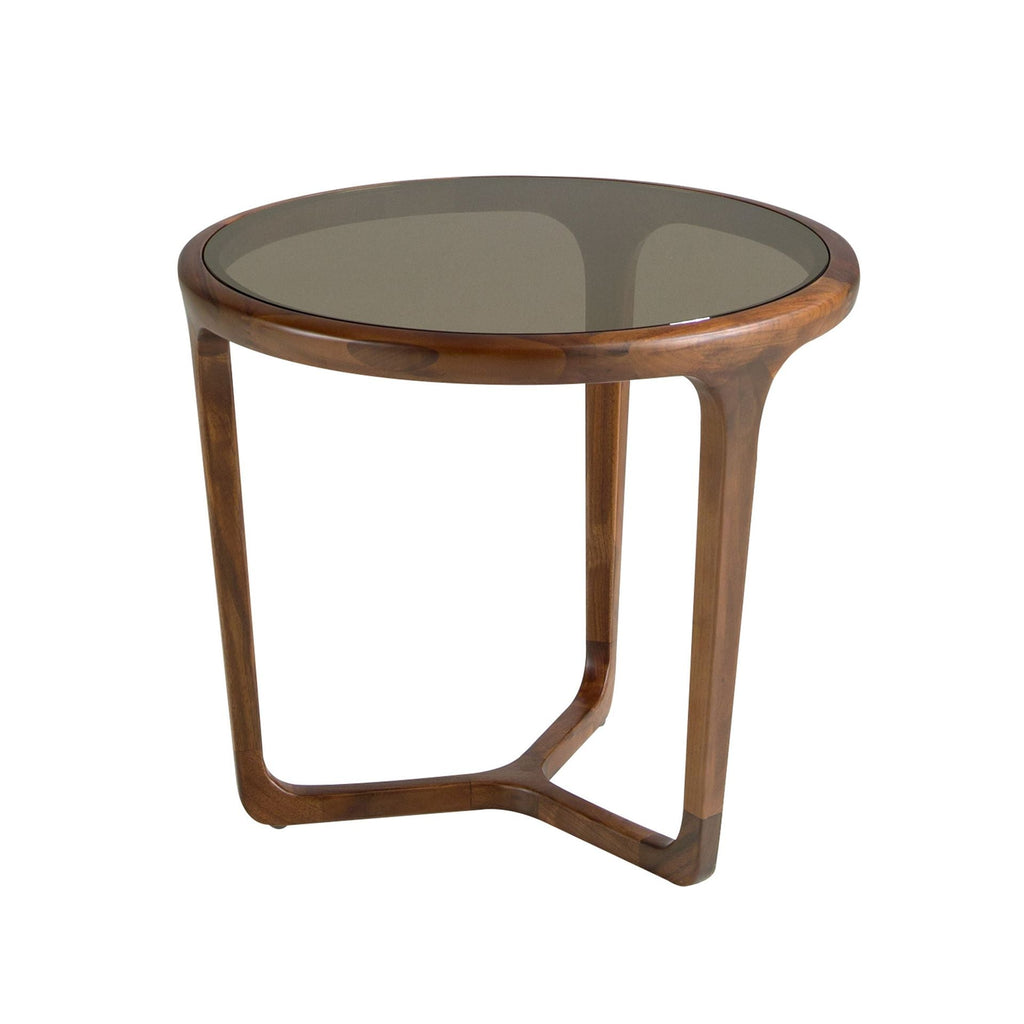 Round coffee table in smoked brown glass and walnut