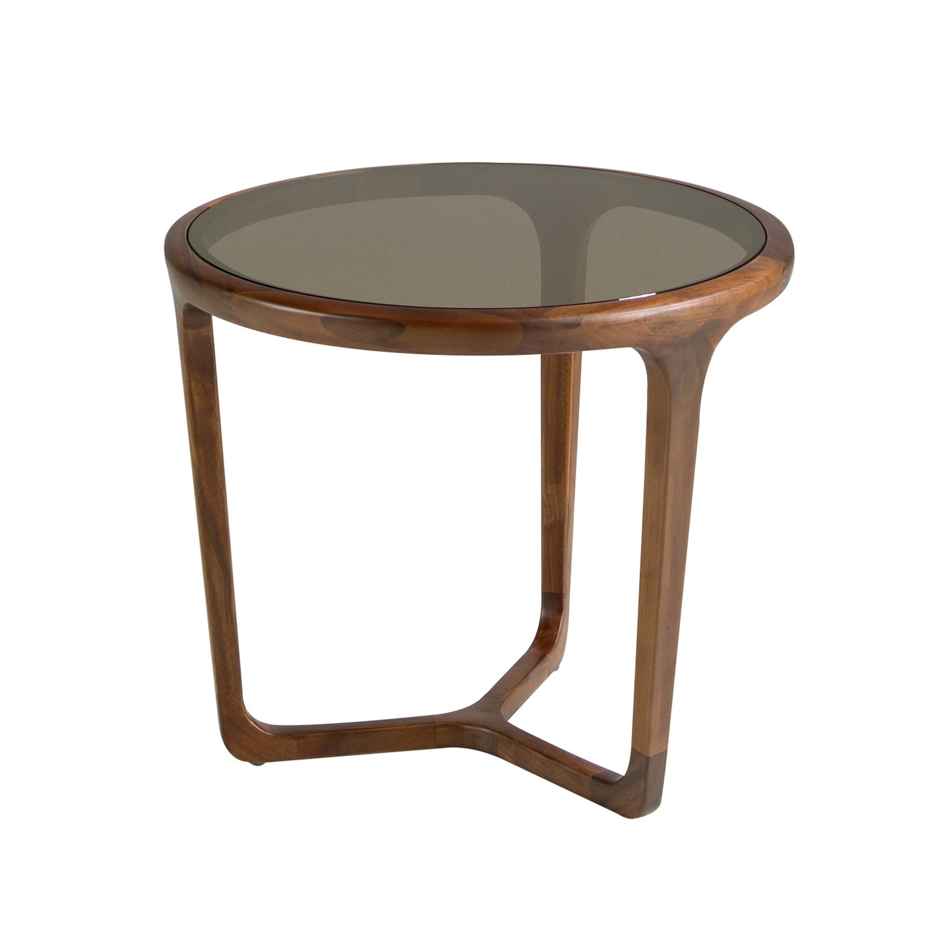 Round coffee table in smoked brown glass and walnut