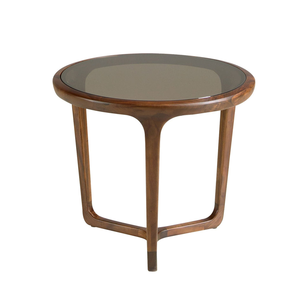 Round coffee table in smoked brown glass and walnut