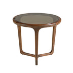 Round coffee table in smoked brown glass and walnut