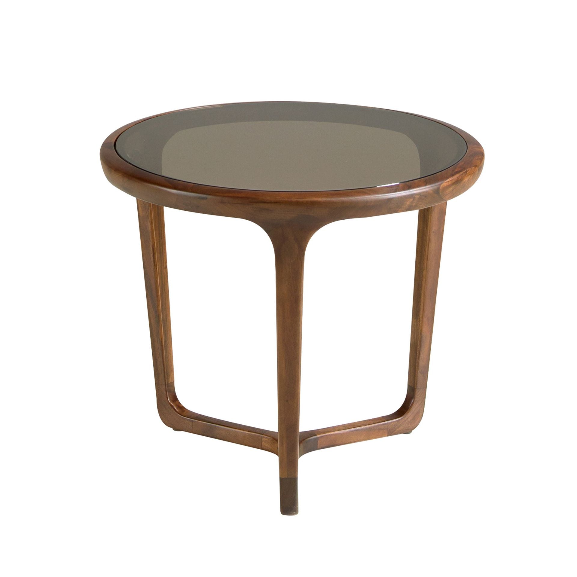 Round coffee table in smoked brown glass and walnut