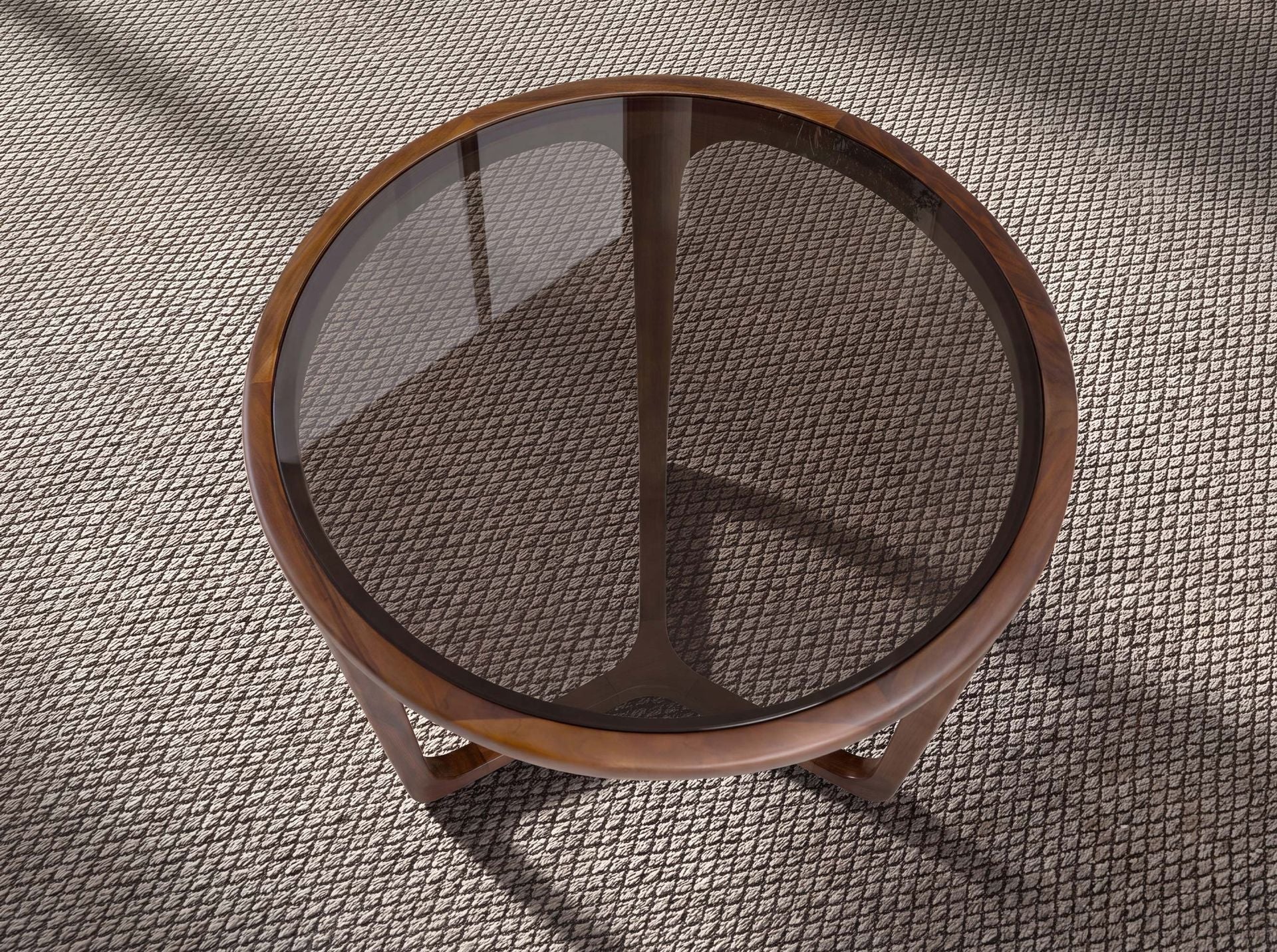 Round coffee table in smoked brown glass and walnut