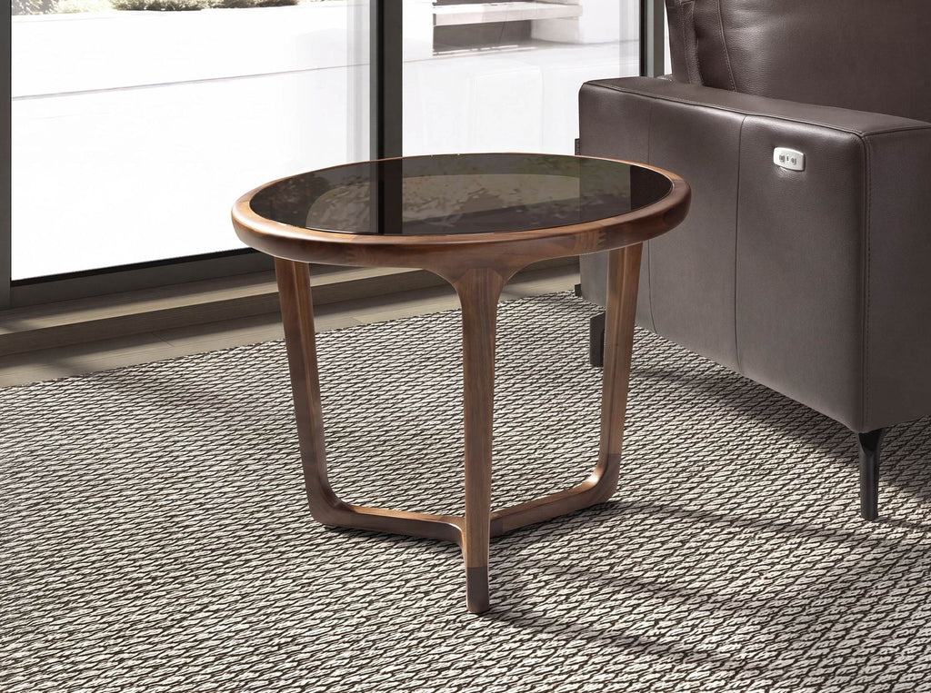 Round coffee table in smoked brown glass and walnut