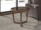 Round coffee table in smoked brown glass and walnut