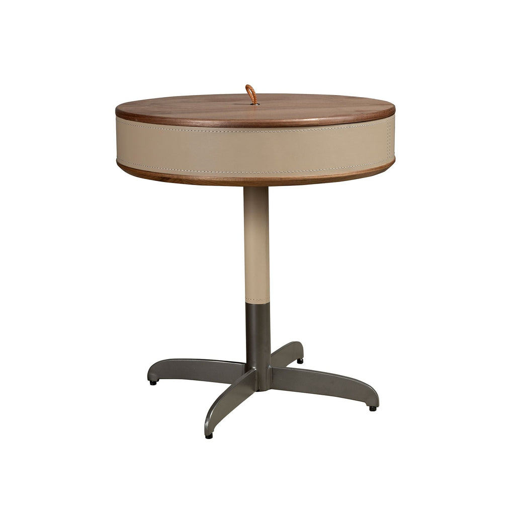 Round corner table in faux leather, walnut, and grey steel