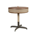 Round corner table in faux leather, walnut, and grey steel