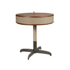 Round corner table in faux leather, walnut, and grey steel