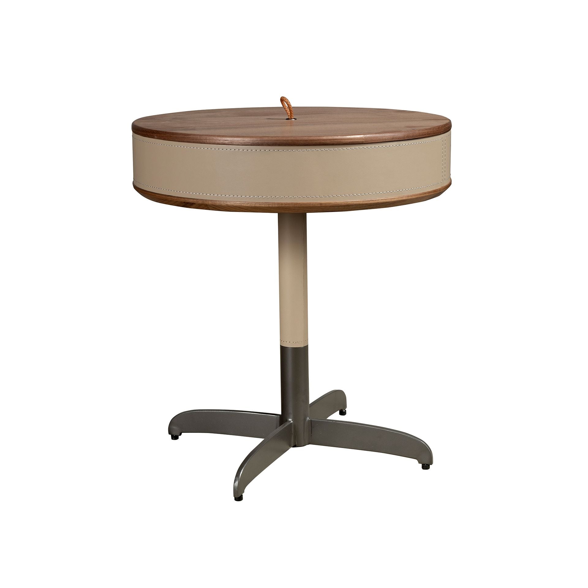 Round corner table in faux leather, walnut, and grey steel