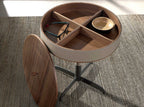 Round corner table in faux leather, walnut, and grey steel