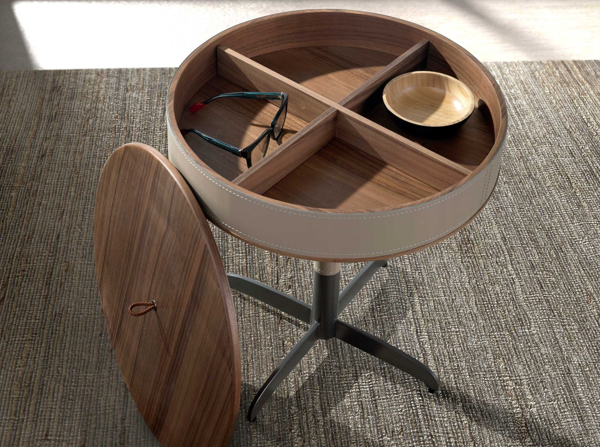 Round corner table in faux leather, walnut, and grey steel
