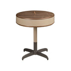 Round corner table in faux leather, walnut, and grey steel