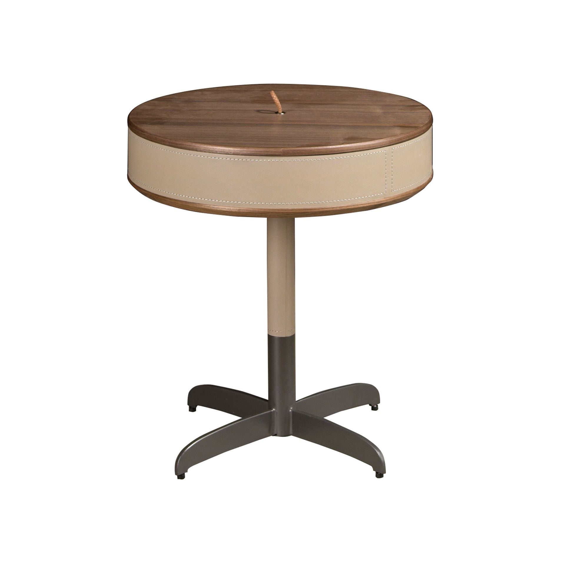 Round corner table in faux leather, walnut, and grey steel